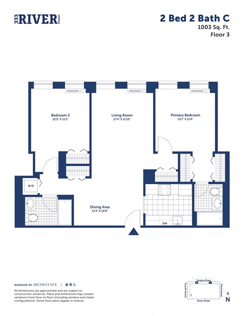 Floor plan for 2 beds, 2 baths, 1003 sqft